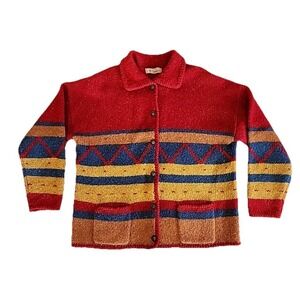 VTG LT Sport Cardigan Southwestern Aztec Shetland Wool Red Stripe Chunky Sz M